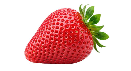 Isolated strawberry with green leaves, ripe red fruit in detail, food photography