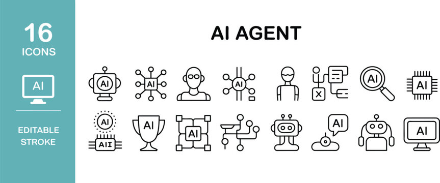 AI comprehensive agent and chat bot icon collection, including virtual assistant, smart bot, autonomous technology and digital support symbols, optimised for high search ranking visibility.