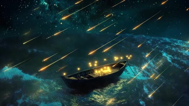 Small boat floating on ocean under bright shooting stars at night