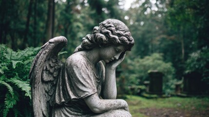 Melancholy angel statue in a lush, overgrown cemetery, evoking themes of grief and remembrance
