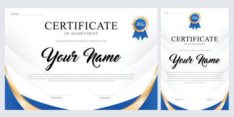 Graduation certificate template design, award, championship modern theme, blue gold silhouette color