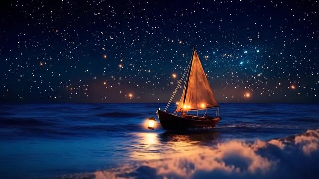 Small boat floating on ocean under bright shooting stars at night
