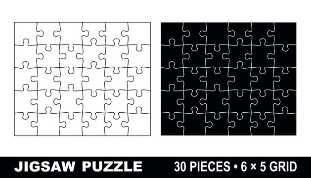 30 pieces jigsaw puzzle template in 6x5 grid rectangle layout with clean outline, editable vector on white background for cutting, laser and print, blank puzzle design for kids game
