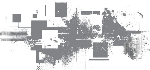 Grey abstract geometric shapes and distressed textures. Halftone dots and splatters create a chaotic yet organized composition