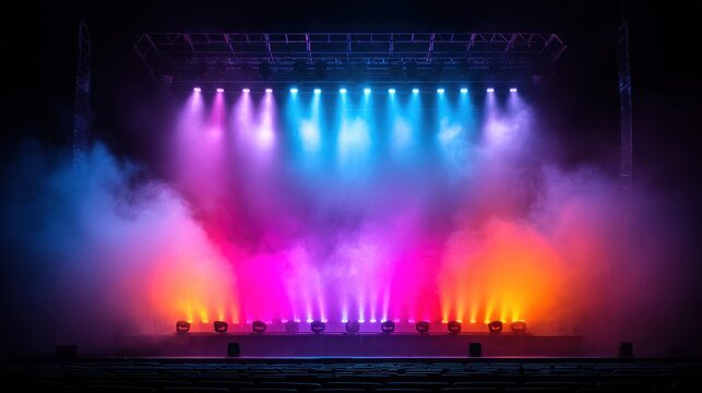 Concert stage with vibrant colored lights and smoke effects creating a dramatic atmosphere