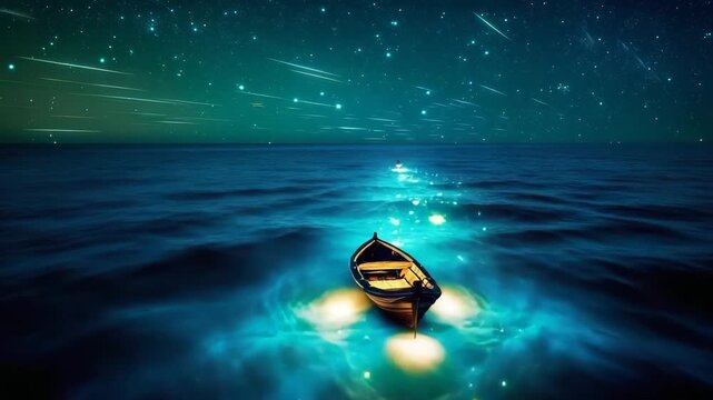 Small boat floating on ocean under bright shooting stars at night