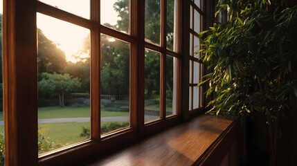 Fototapeta premium Warm golden sunlight streams through a classic wooden window illuminating a serene garden vista
