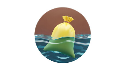 Yellow bag floating in water, submerged part green