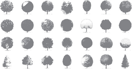 Collection of grey tree silhouettes with varied foliage textures and shapes. Diverse deciduous and coniferous forms displayed © Pixel Park