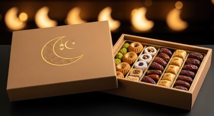 Obraz premium Harmonious and warm tan-colored gift box revealing a meticulously organized assortment of colorful maamoul cookies and premium dates against a bokeh crescent background