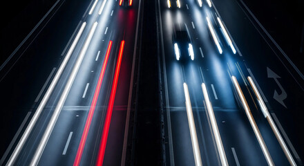 Fototapeta premium High speed long exposure night traffic light streaks moving fast along dark city highway road creating blur lines
