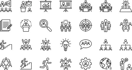 Obraz premium Business Teamwork and Collaboration Icon Set Featuring Leadership Training Meetings Brainstorming and Corporate Workflow Symbols for Management and Office Interfaces