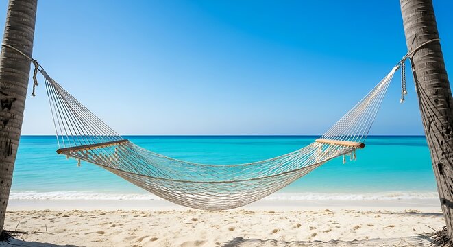 A white hammock suspended between two palm trees on a sandy beach with turquoise ocean and clear blue sky