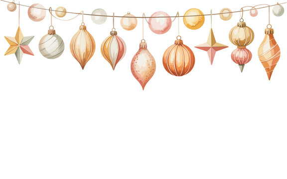 A festive garland of christmas ornaments and stars hanging from a string.