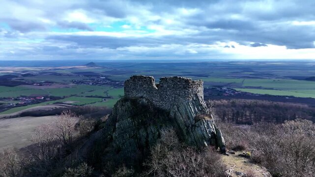 Aerial drone video of medieval castle ruins on hill