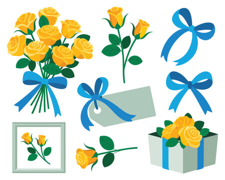 A collection of yellow roses and blue ribbons in various arrangements and gift settings.