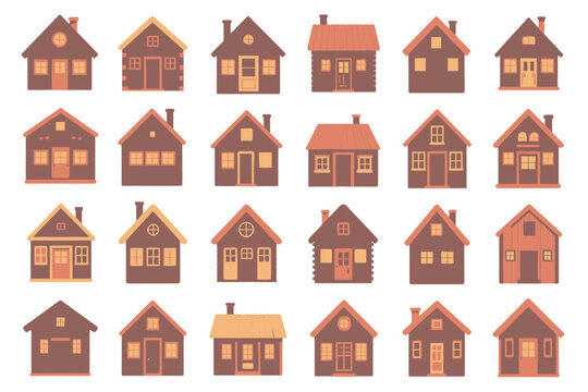 A grid of twenty different cartoon houses in shades of brown and orange.