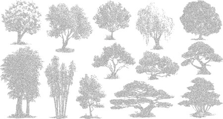 Fototapeta premium Collection of twelve black and white trees and bamboo stalks with detailed foliage patterns