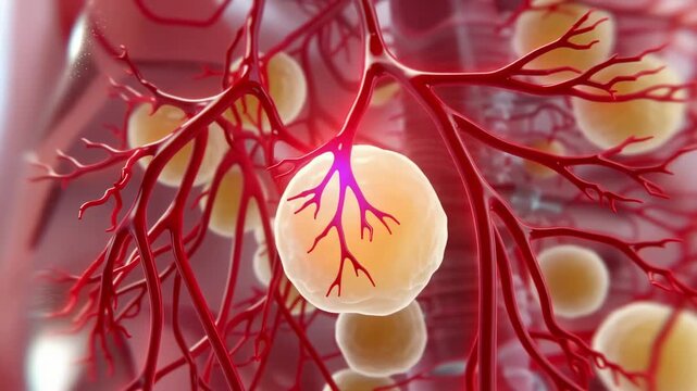 Adipose tissue microscopic view with blood vessels anatomical visualization depicting cellular structure and physiological interactions for medical research and scientific explanations