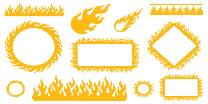 Collection of yellow fire flame borders and frames including circular and rectangular shapes with fireball elements vector illustration