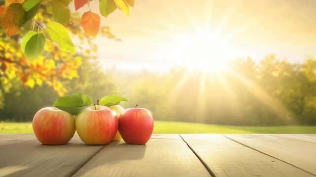 Empty wooden table top with rfkred apples on blurred apple orchard in the background on sunny day, suitable for product display, presentation and design, eco gardening concept