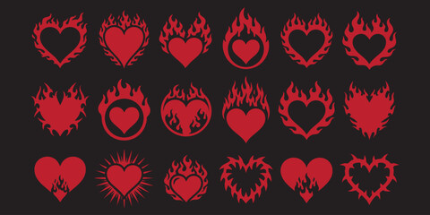 Collection of various red flaming heart icons and fire symbols on black background for passion and love vector illustration © ZenVectors