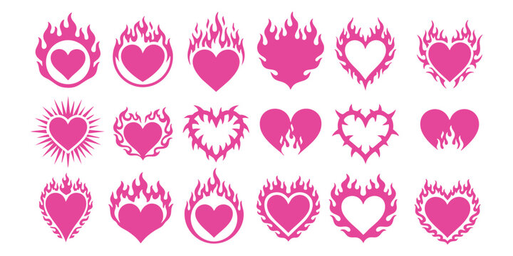 Set of pink flaming heart icons in y2k aesthetic style for trendy streetwear and tattoo design vector illustration