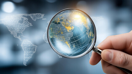 Magnifying glass held over a glowing world map wireframe, global SEO concept, international search engine optimization, worldwide digital marketing, geographic targeting, global online