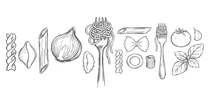 Hand drawn italian pasta and ingredients sketch vector illustration featuring spaghetti on a fork with tomato and basil