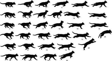 Black cat silhouettes set featuring various frames of a feline running and jumping isolated on white background for animation and pet design projects © Junayid