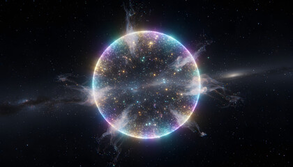 Fototapeta premium Vibrant Cosmic Sphere Floating in Starry Space with Ethereal Glow