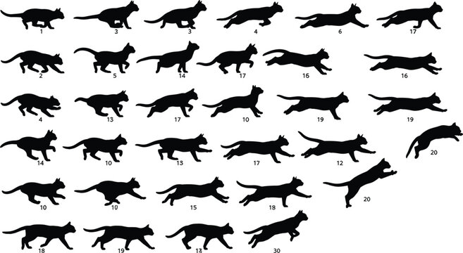 Black cat silhouettes set featuring various frames of a feline running and jumping isolated on white background for animation and pet design projects
