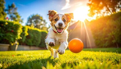 Happy Dog Running with Ball in Garden.