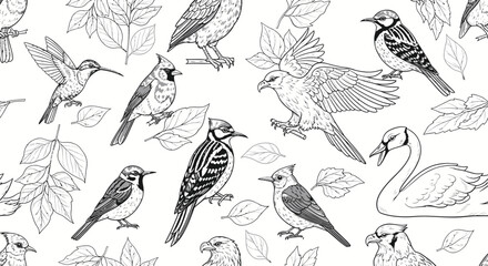 Naklejka premium Seamless pattern of various birds and leaves in sketch style.