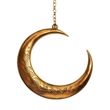 A beautifully crafted gold crescent moon pendant with intricate designs