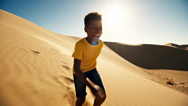A cheerful boy gleefully sprints across expansive sand dunes, laughter echoing in the tranquil desert. The golden sun bathes the scene, capturing childhood's pure joy and freedom.