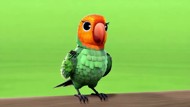 Animated chestnut fronted macaw parrot perched on wooden rail against vibrant green backdrop for childrens content