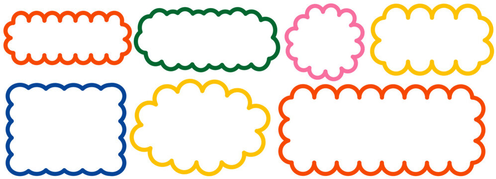 Shape paper wavy with bubble frame cute and fluffy cloud rectangle. Line vector icon with abstract art simple and round label border. Banner summer shape with think set bubble and card sun frame.