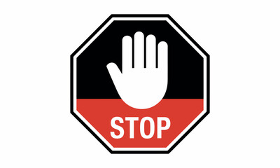 Obraz premium Stop Work Authority Warning Icon featuring a bold white hand symbol centered on a red and black octagonal polygon background, designed for high-impact safety awareness and hazard prevention.