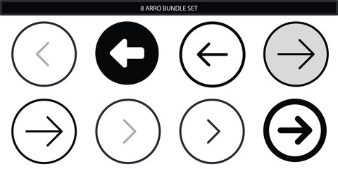 Arrow icon set. Includes 8 arrow icons. Created in simple line style with black and white color palette.
