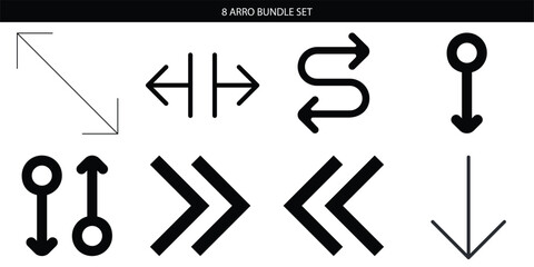 Arrow icon set. Includes 8 arrows, direction symbols. Created in simple style with black and gray palette.