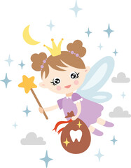 Naklejka premium Adorable Little Tooth Fairy Flying Through The Night Sky