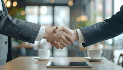 カフェで堅い握手を交わすスーツ姿の男性の手元　ビジネス、商談、契約イメージ