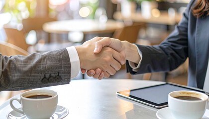 カフェで握手を交わすスーツ姿の女性と男性の手元　ビジネス、商談、契約イメージ