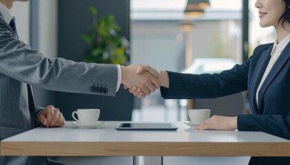 カフェで握手を交わすスーツ姿の女性と男性の手元　ビジネス、商談、契約イメージ