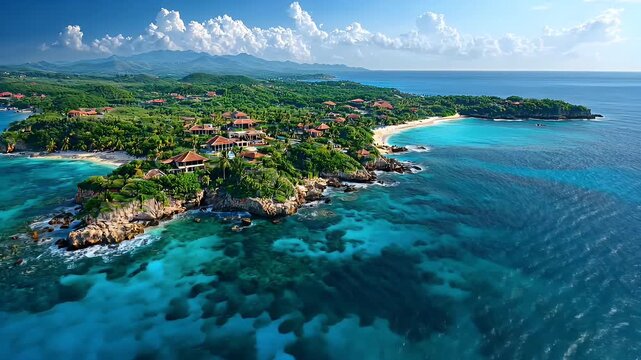 Aerial View of a Tropical Island with Crystal Clear Water and Lush Greenery Under Bright Blue Sky