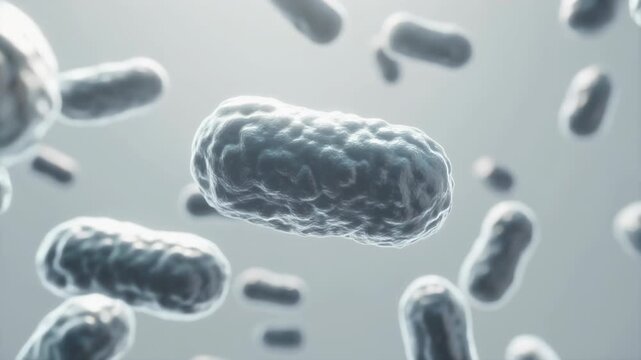 Microscopic bacteria floating in a gray environment, captured from a close-up viewpoint