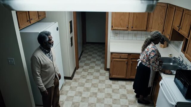 In a softly lit kitchen, two individuals share a quiet conversation while cooking, their expressions revealing a deep connection that embodies the essence of home life.