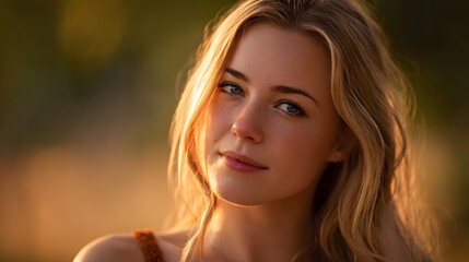 Fototapeta premium Close up portrait of a young woman with blonde hair and freckles bathed in the warm golden glow of late afternoon sunlight