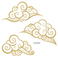 Three golden, stylized cloud motifs drawn in a traditional East Asian art style. Each cloud features swirling curves and elongated tails, giving a sense of flowing movement and elegance.